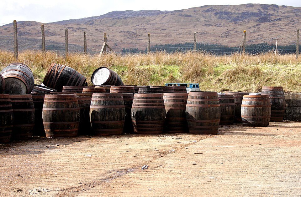 Casks resting on Jura. Whisky loses roughly 2 per cent of its volume a year to evaporation, the ang…